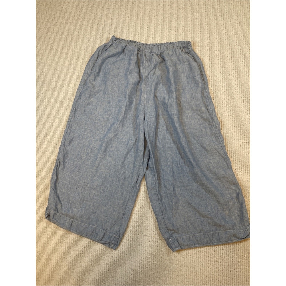 Homefrocks Women's Large 100% Linen Cropped Wide Leg Pants Heathered Chambray